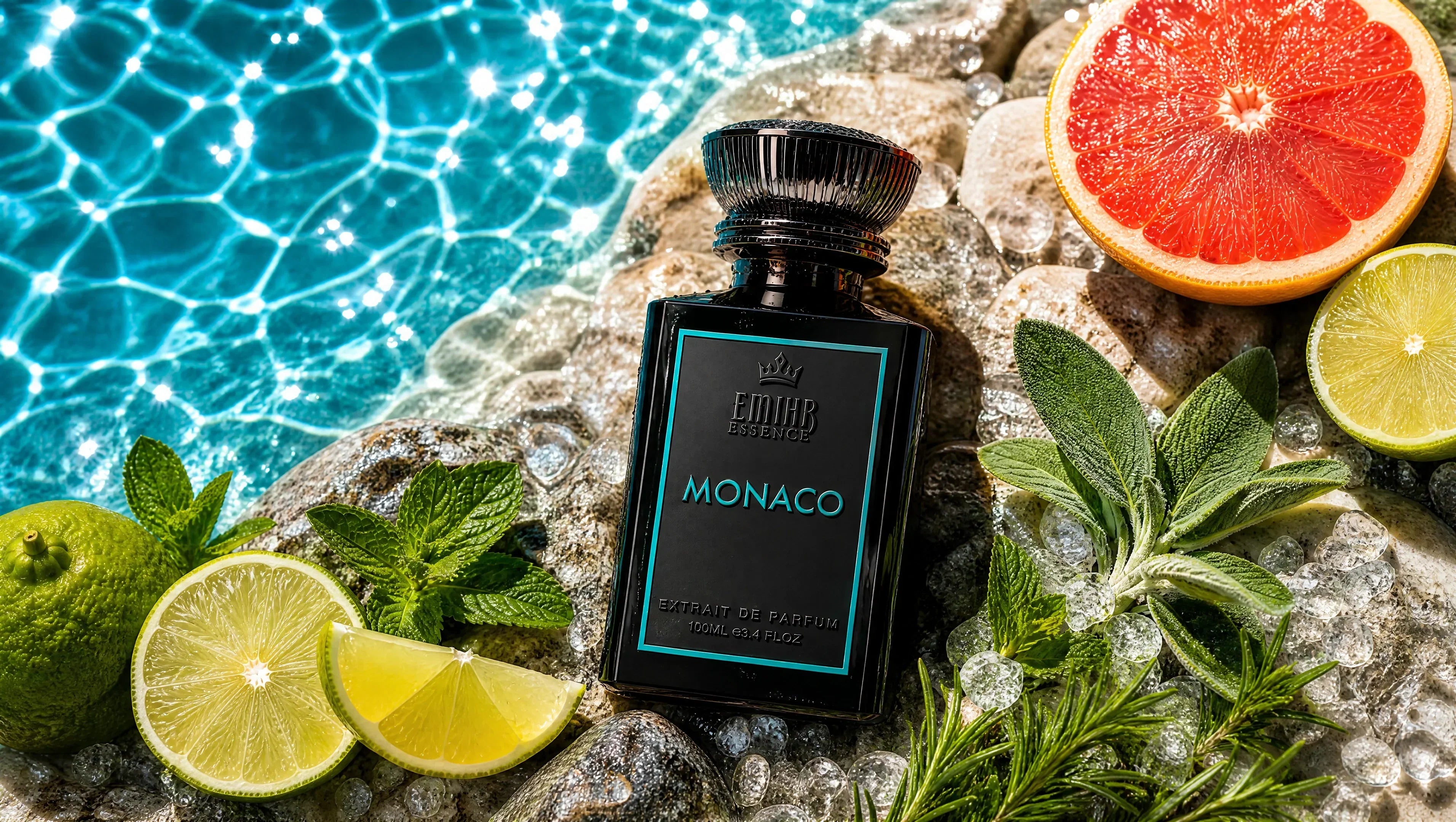 EMIHR Essence Monaco summer fragrance bottle surrounded by citrus, fresh herbs and sparkling water, representing one of the best summer fragrances for men.